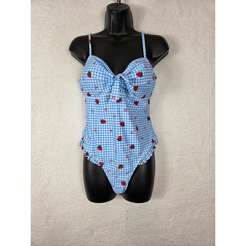 Womens Strawberry Heart Print One‎ Piece Swimsuit L Tie Front Ruffle Beach